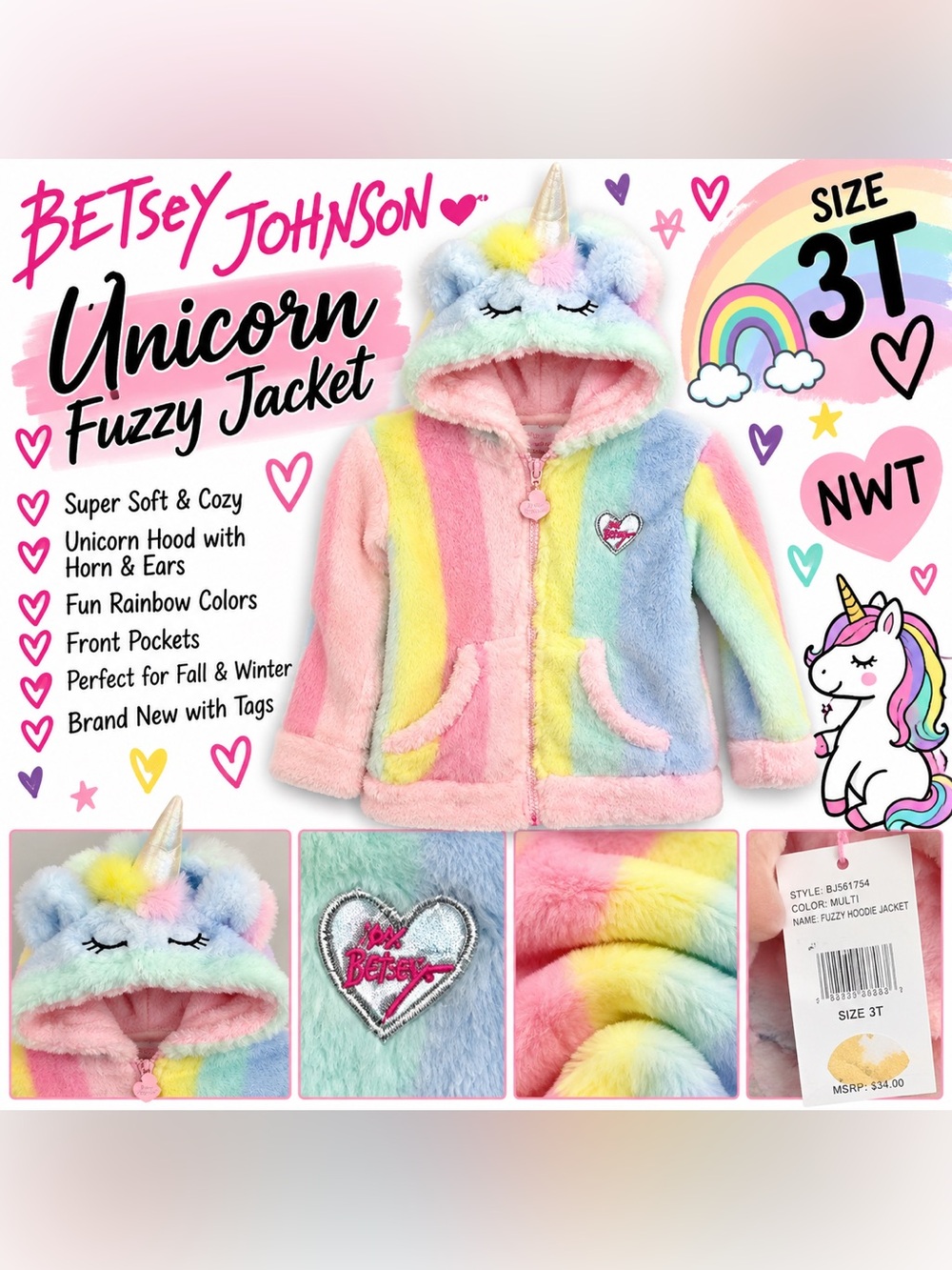 Betsey Johnson Kids' Unicorn Fuzzy Jacket - Rainbow (3T)